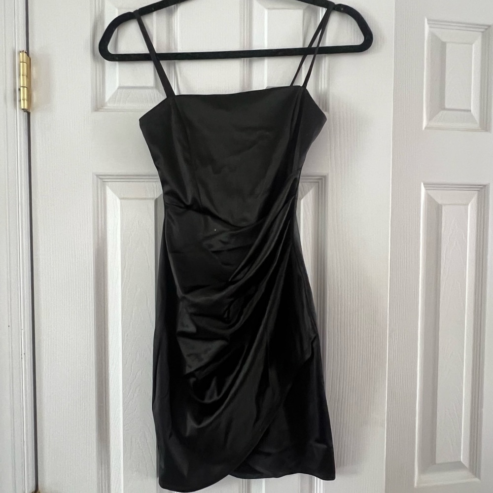 Stretch Black with Waist Draped Cocktail/Homecoming/Party Dress Spag Straps-XS